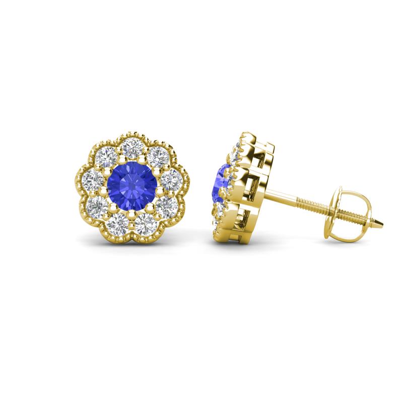Floret 4.00 mm Round Tanzanite and Diamond Milgrain Halo Stud Earrings 