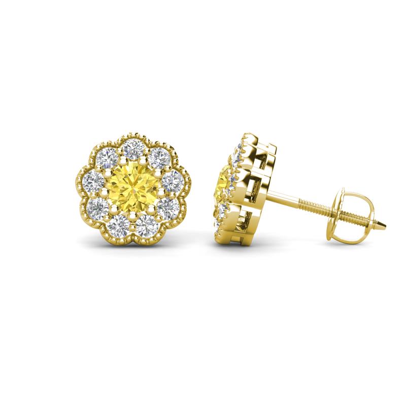 Floret 4.00 mm Round Yellow Sapphire and Diamond Milgrain Halo Stud Earrings 