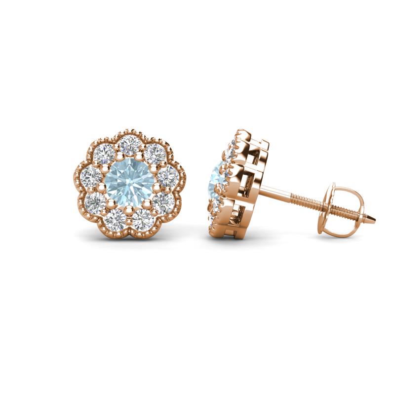 Floret 4.00 mm Round Aquamarine and Diamond Milgrain Halo Stud Earrings 
