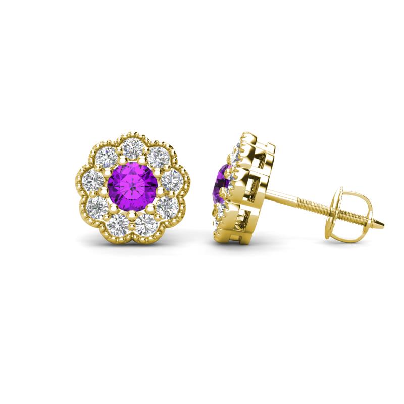 Floret 4.00 mm Round Amethyst and Diamond Milgrain Halo Stud Earrings 