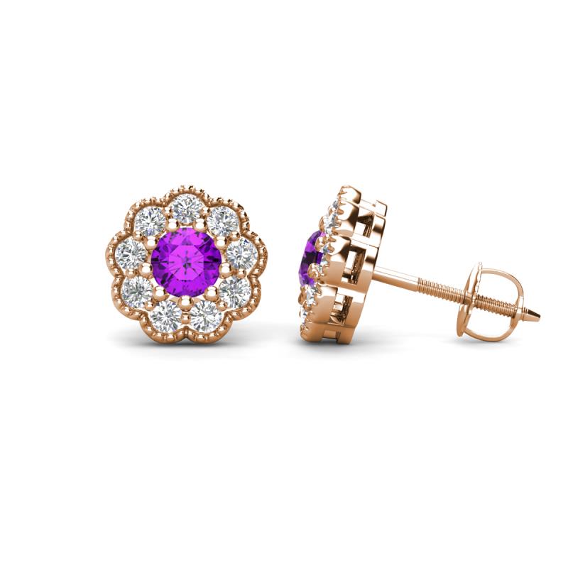 Floret 4.00 mm Round Amethyst and Diamond Milgrain Halo Stud Earrings 
