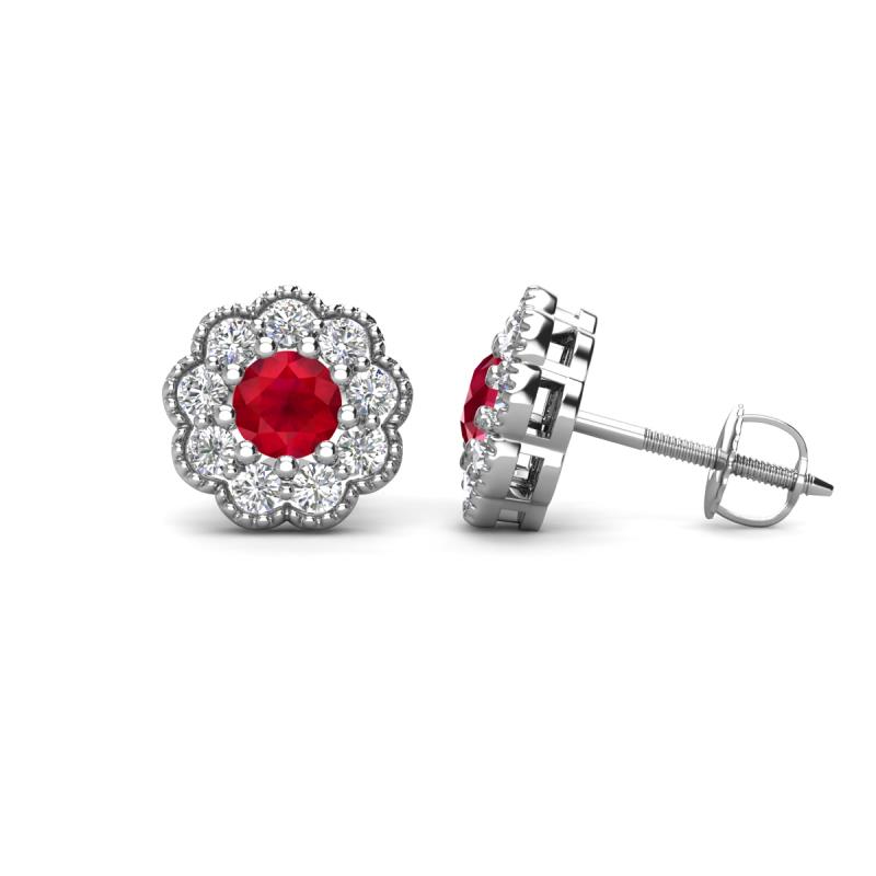 Floret 4.00 mm Round Ruby and Diamond Milgrain Halo Stud Earrings 
