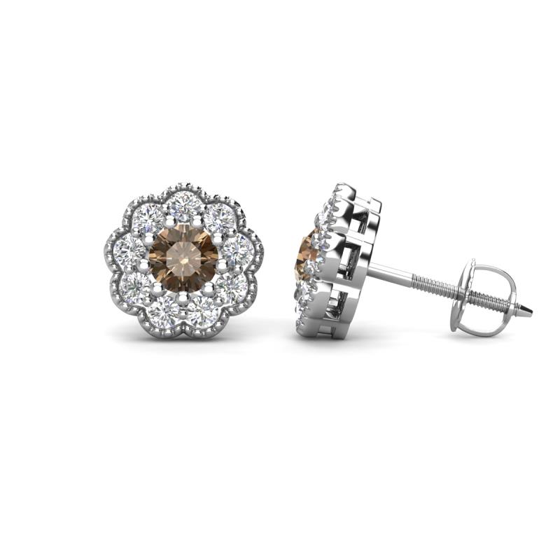 Floret 4.00 mm Round Smoky Quartz and Lab Grown Diamond Milgrain Halo Stud Earrings 