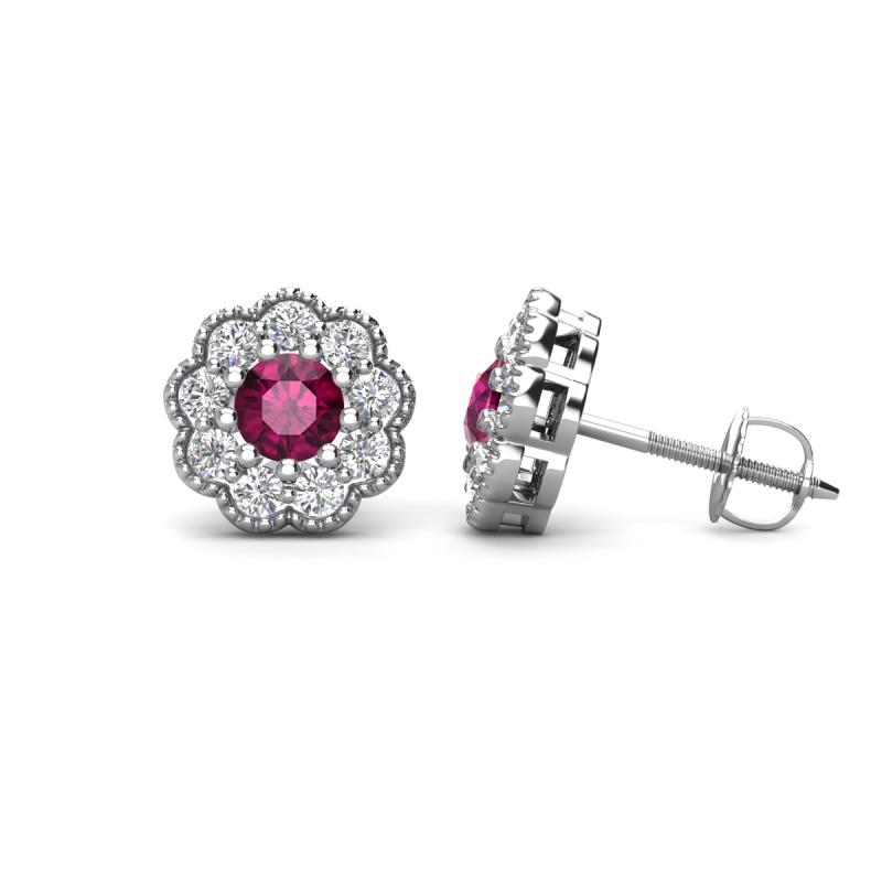 Floret 4.00 mm Round Rhodolite Garnet and Lab Grown Diamond Milgrain Halo Stud Earrings 