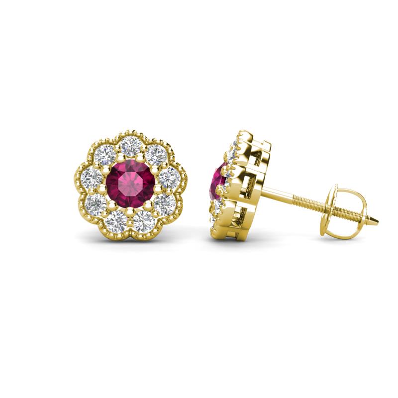 Floret 4.00 mm Round Rhodolite Garnet and Lab Grown Diamond Milgrain Halo Stud Earrings 
