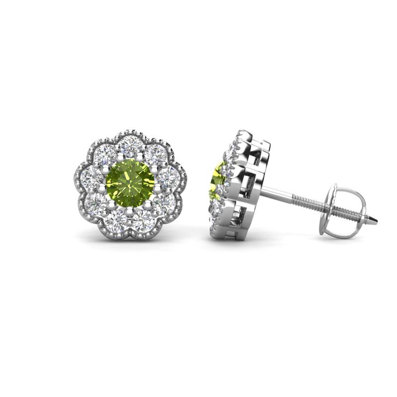 Floret 4.00 mm Round Peridot and Lab Grown Diamond Milgrain Halo Stud Earrings 