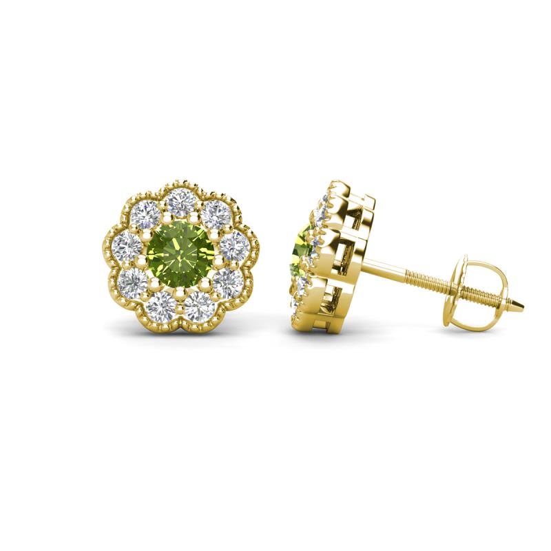 Floret 4.00 mm Round Peridot and Lab Grown Diamond Milgrain Halo Stud Earrings 