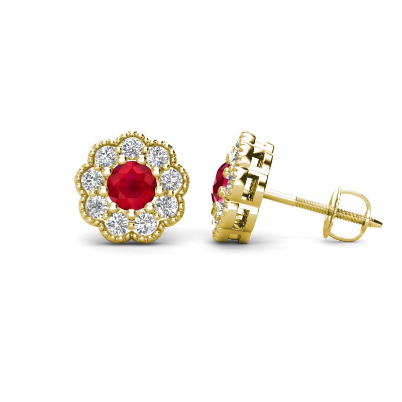 Floret 4.00 mm Round Ruby and Lab Grown Diamond Milgrain Halo Stud Earrings 