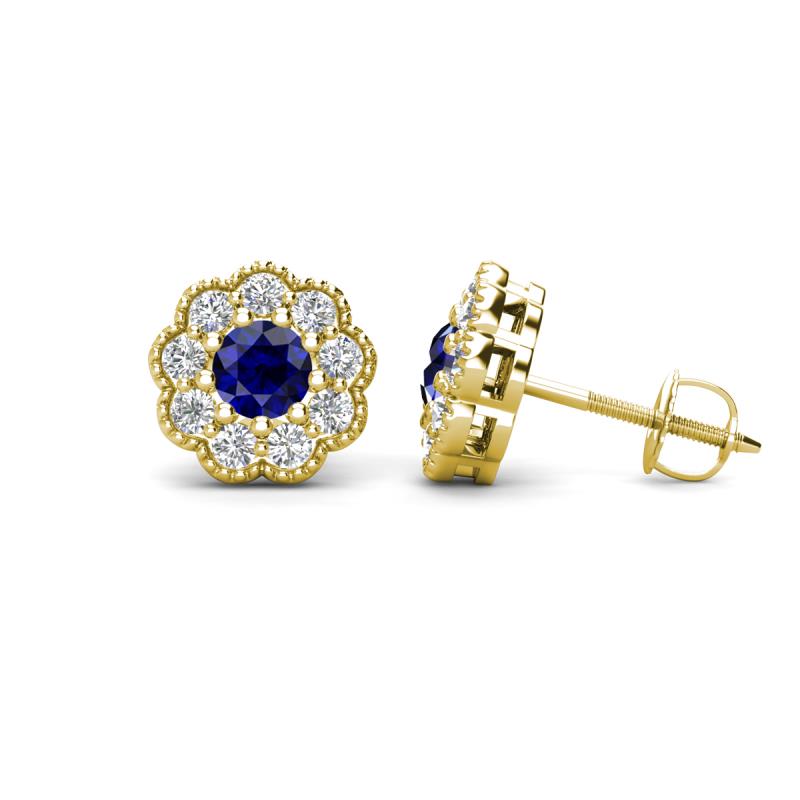 Floret 4.00 mm Round Blue Sapphire and Lab Grown Diamond Milgrain Halo Stud Earrings 
