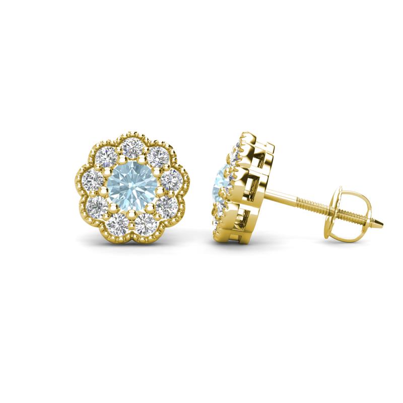 Floret 4.00 mm Round Aquamarine and Lab Grown Diamond Milgrain Halo Stud Earrings 