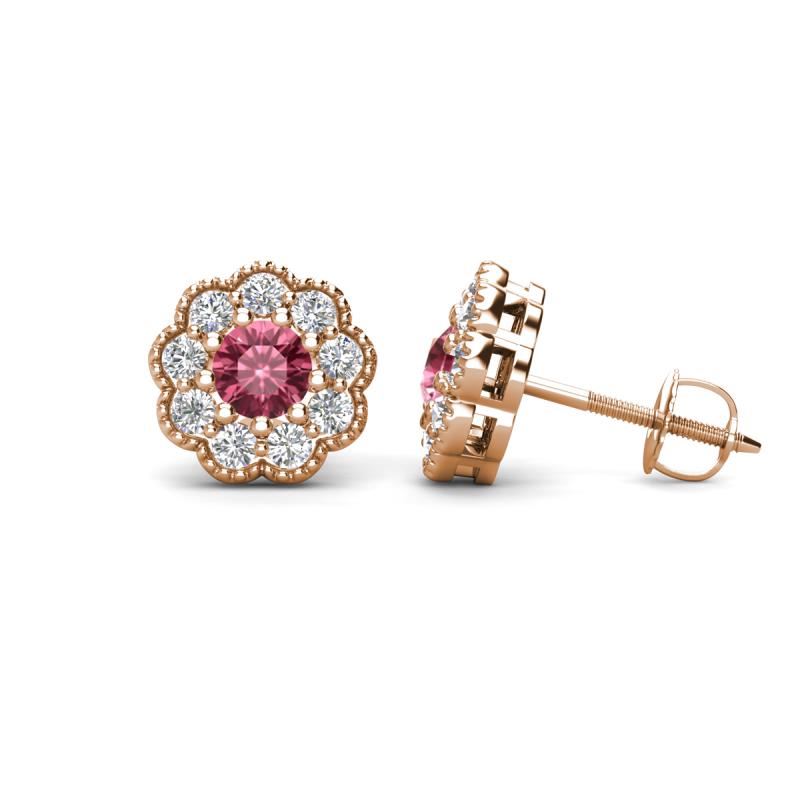 Floret 4.00 mm Round Pink Tourmaline and Lab Grown Diamond Milgrain Halo Stud Earrings 