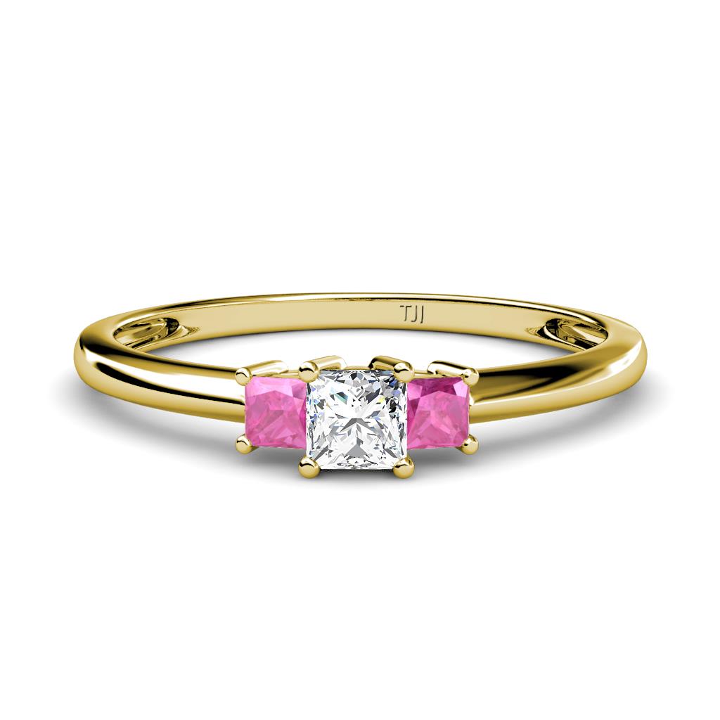 Eadlin Princess Cut Diamond and Pink Sapphire Three Stone Engagement Ring 