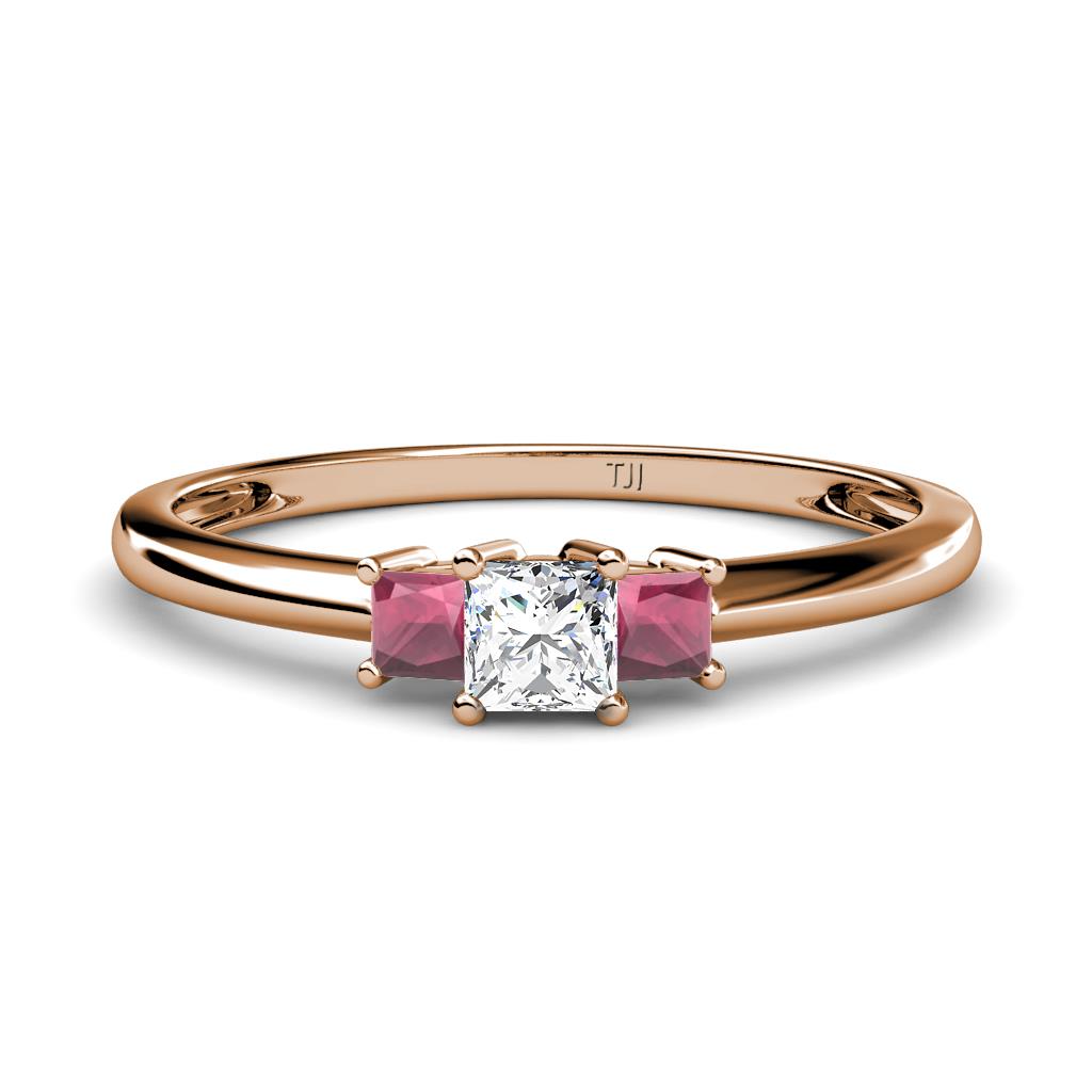 Eadlin Princess Cut Diamond and Rhodolite Garnet Three Stone Engagement Ring 