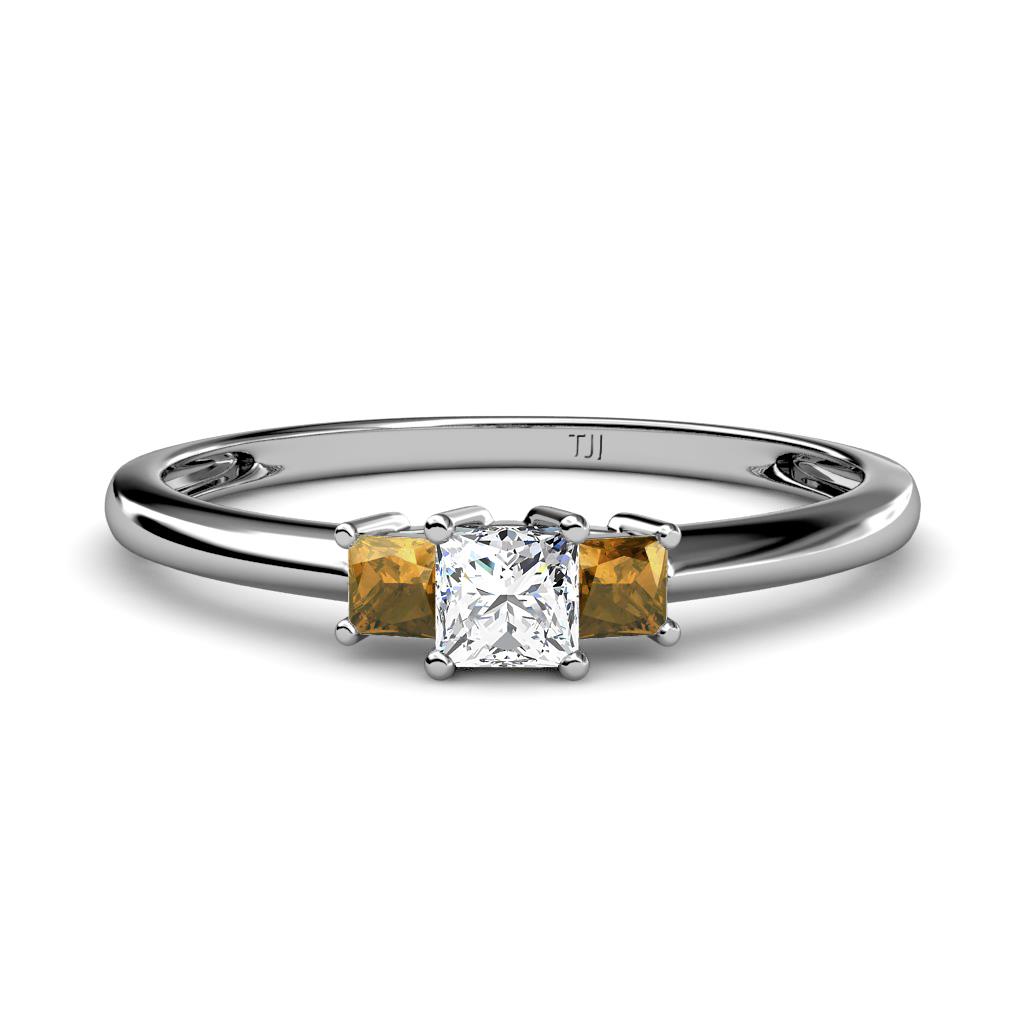 Eadlin Princess Cut Diamond and Citrine Three Stone Engagement Ring 