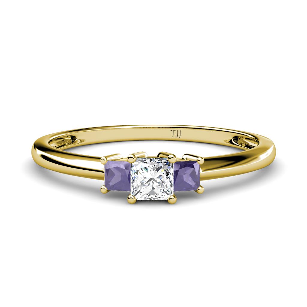 Eadlin Princess Cut Diamond and Iolite Three Stone Engagement Ring 