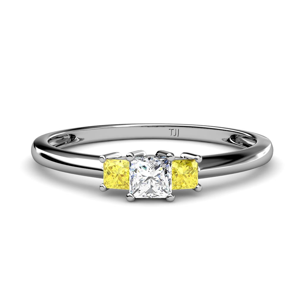 Eadlin Princess Cut Diamond and Yellow Sapphire Three Stone Engagement Ring 
