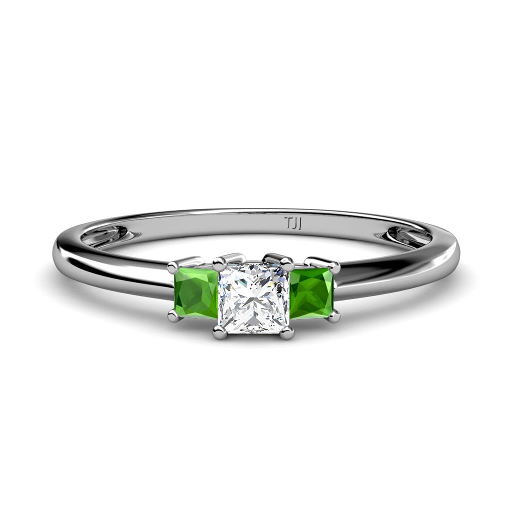 Eadlin Princess Cut Diamond and Green Garnet Three Stone Engagement Ring 