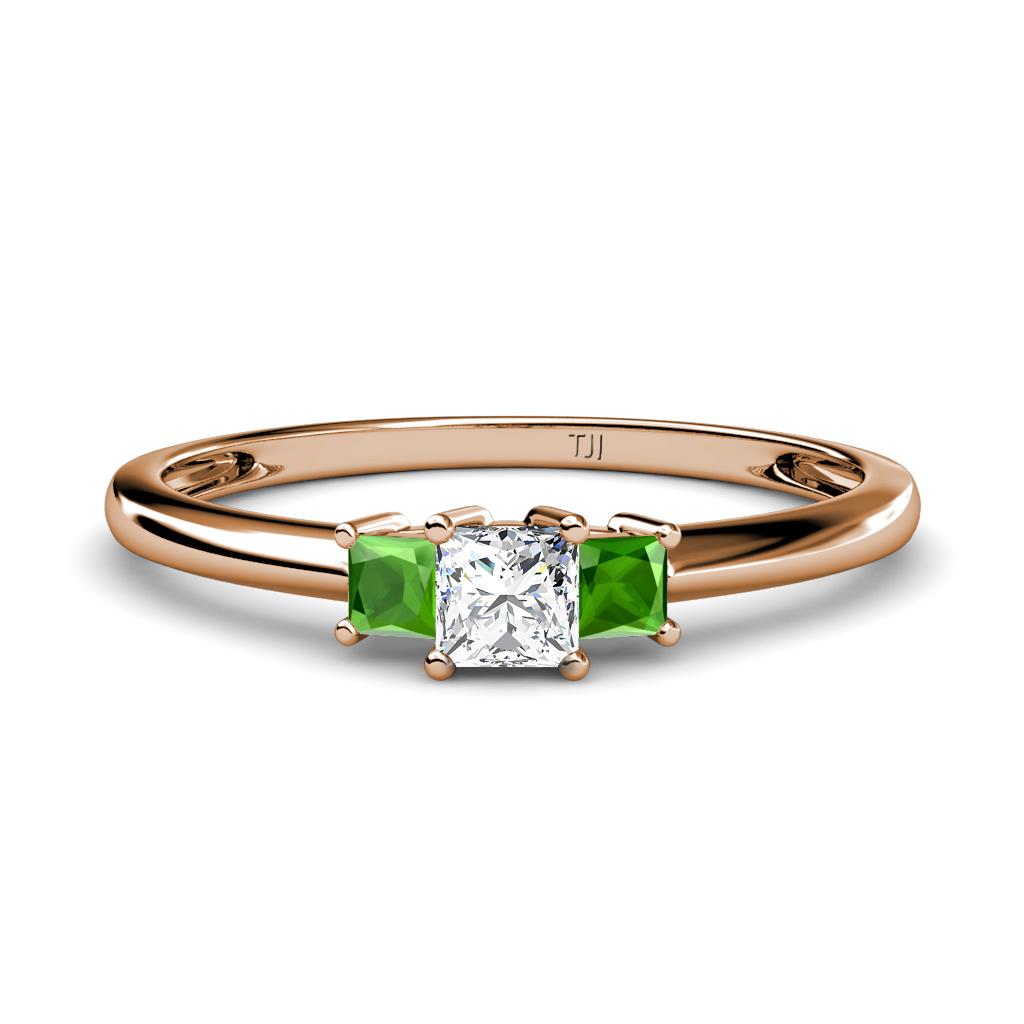 Eadlin Princess Cut Diamond and Green Garnet Three Stone Engagement Ring 