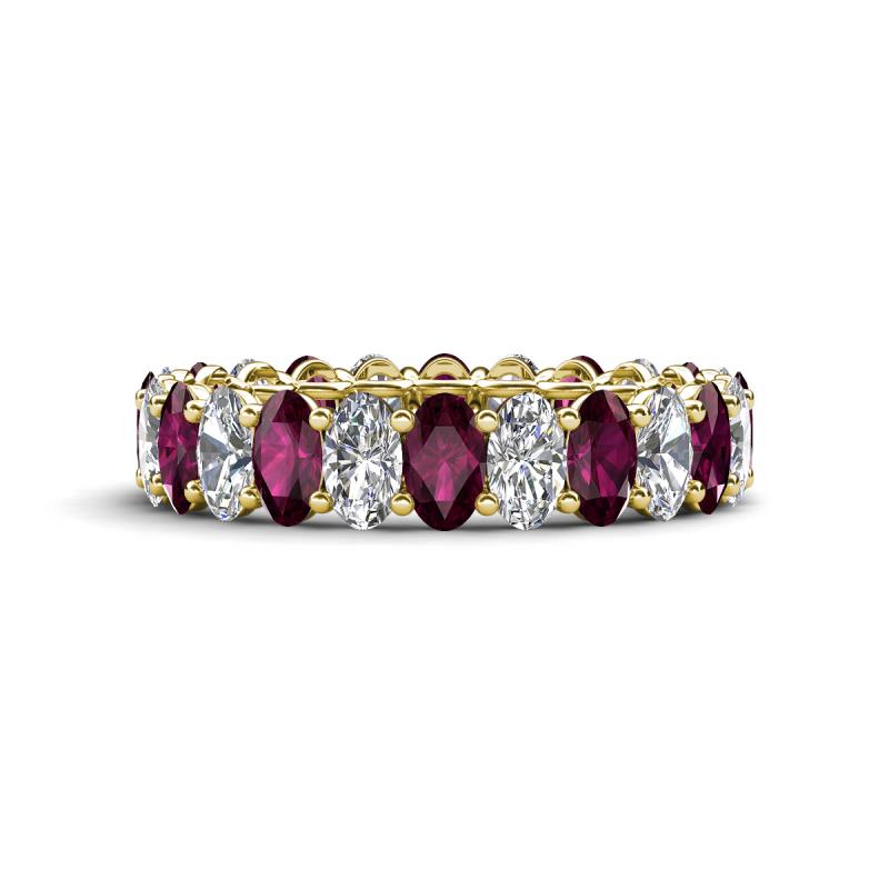Amelia 5x3 mm Oval Shape Rhodolite Garnet and Diamond Side Gallery Work Eternity Band 