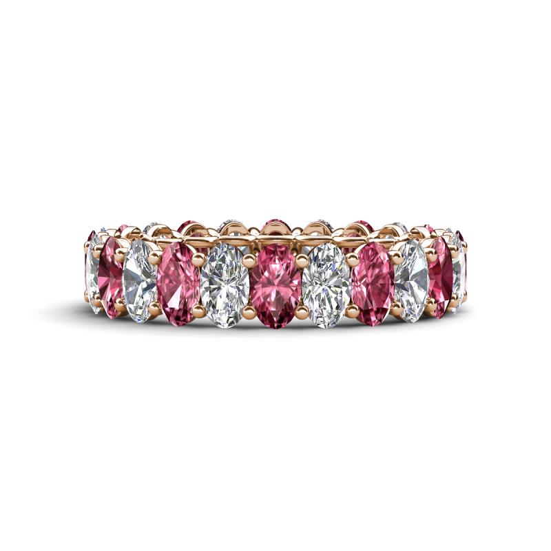 Amelia 5x3 mm Oval Shape Pink Tourmaline and Lab Grown Diamond Side Gallery Work Eternity Band 