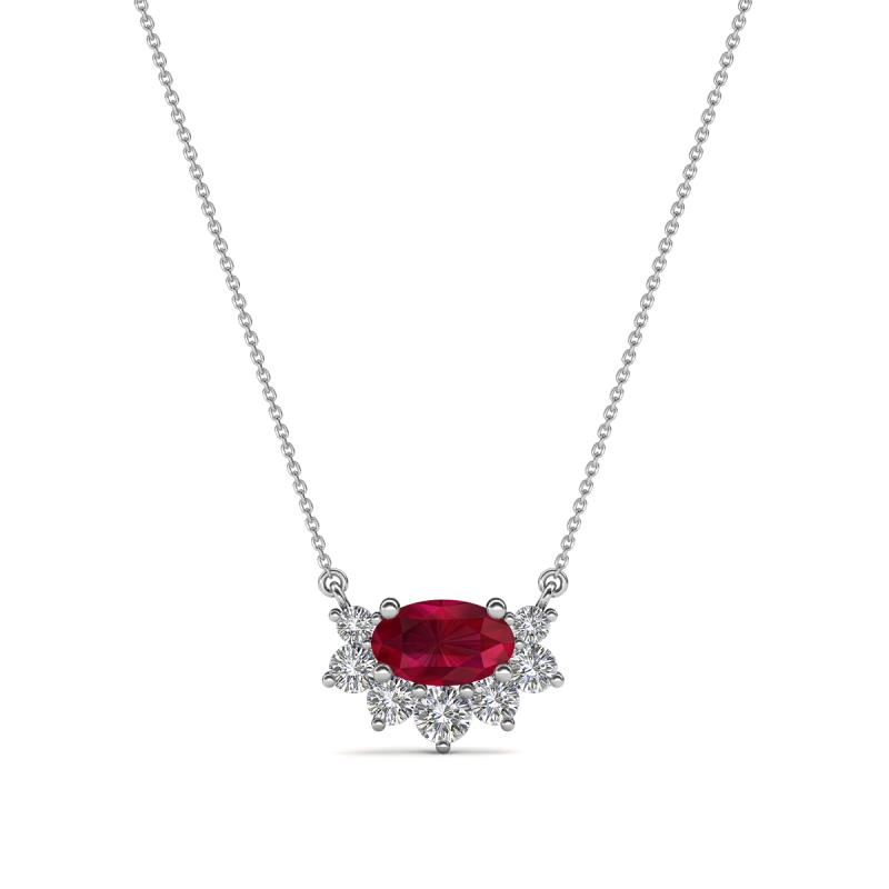 Bellezza 5x3 mm Oval Shape Ruby and Round Diamond Half Halo Pendant Necklace 