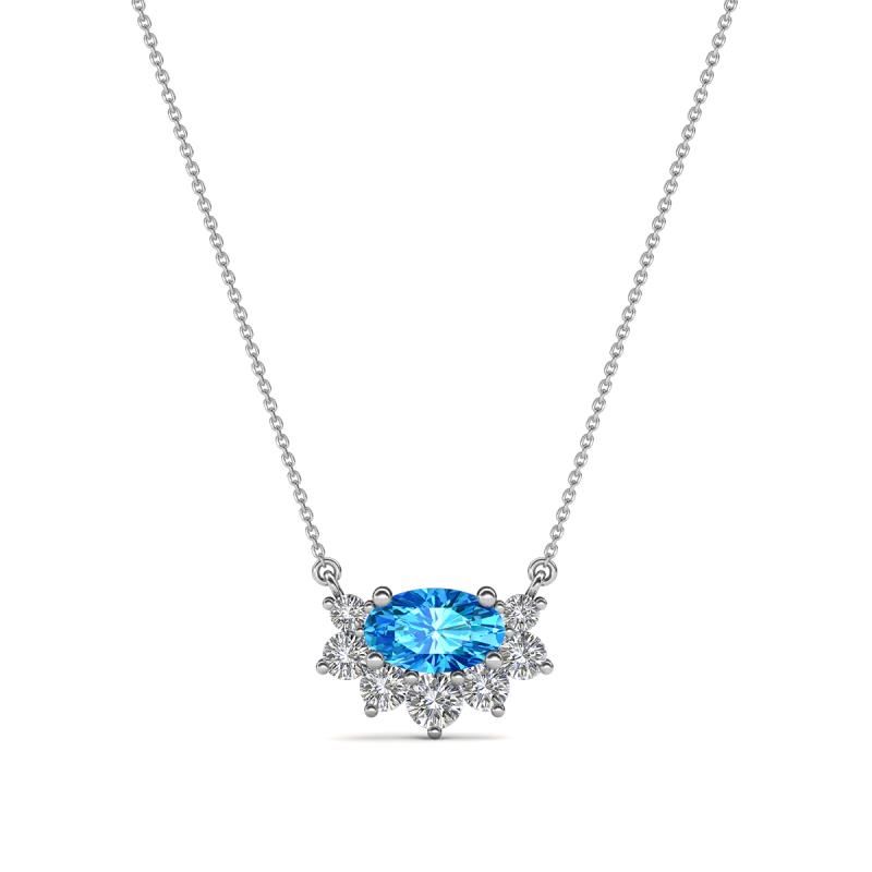 Bellezza 5x3 mm Oval Shape Blue Topaz and Round Diamond Half Halo Pendant Necklace 
