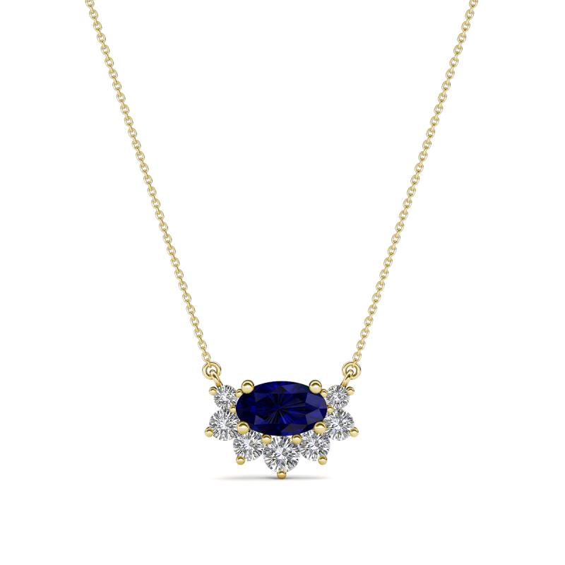 Bellezza 5x3 mm Oval Shape Blue Sapphire and Round Diamond Half Halo Pendant Necklace 