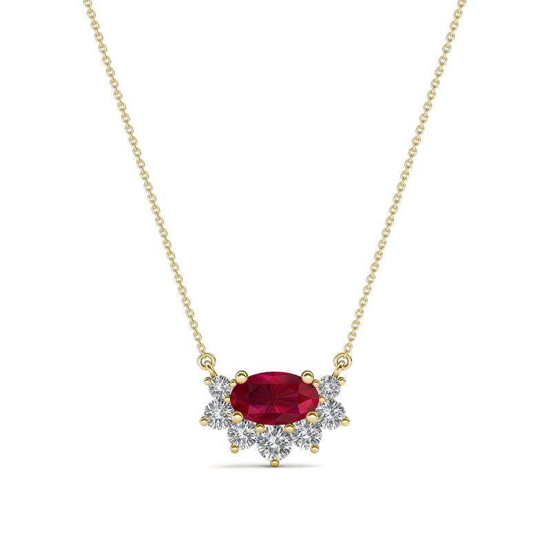 Bellezza 5x3 mm Oval Shape Ruby and Round Diamond Half Halo Pendant Necklace 