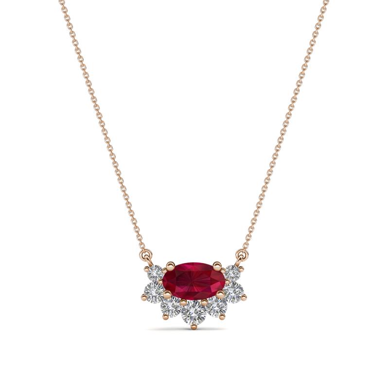 Bellezza 5x3 mm Oval Shape Ruby and Round Diamond Half Halo Pendant Necklace 