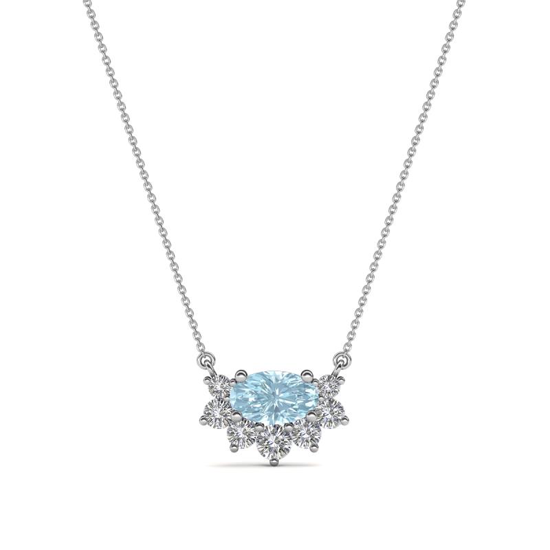 Bellezza 5x3 mm Oval Shape Aquamarine and Round Diamond Half Halo Pendant Necklace 