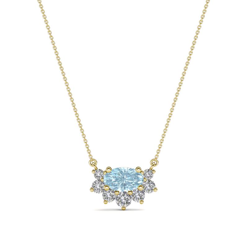 Bellezza 5x3 mm Oval Shape Aquamarine and Round Diamond Half Halo Pendant Necklace 