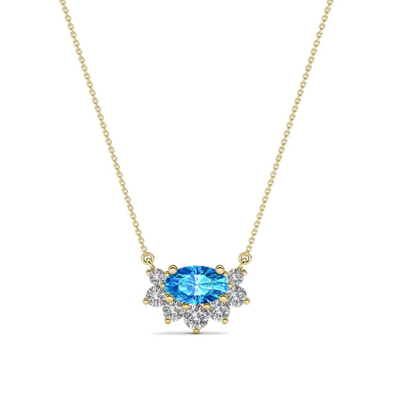 Bellezza 5x3 mm Oval Shape Blue Topaz and Round Diamond Half Halo Pendant Necklace 