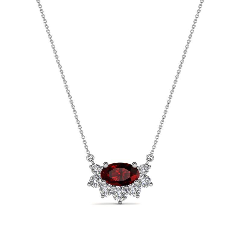 Bellezza 5x3 mm Oval Shape Red Garnet and Round Diamond Half Halo Pendant Necklace 