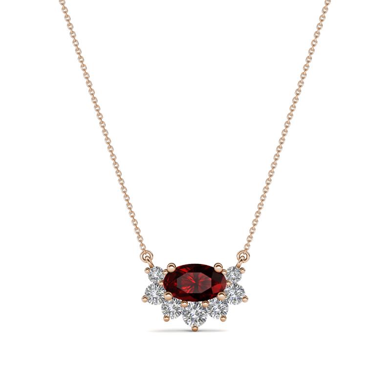Bellezza 5x3 mm Oval Shape Red Garnet and Round Diamond Half Halo Pendant Necklace 