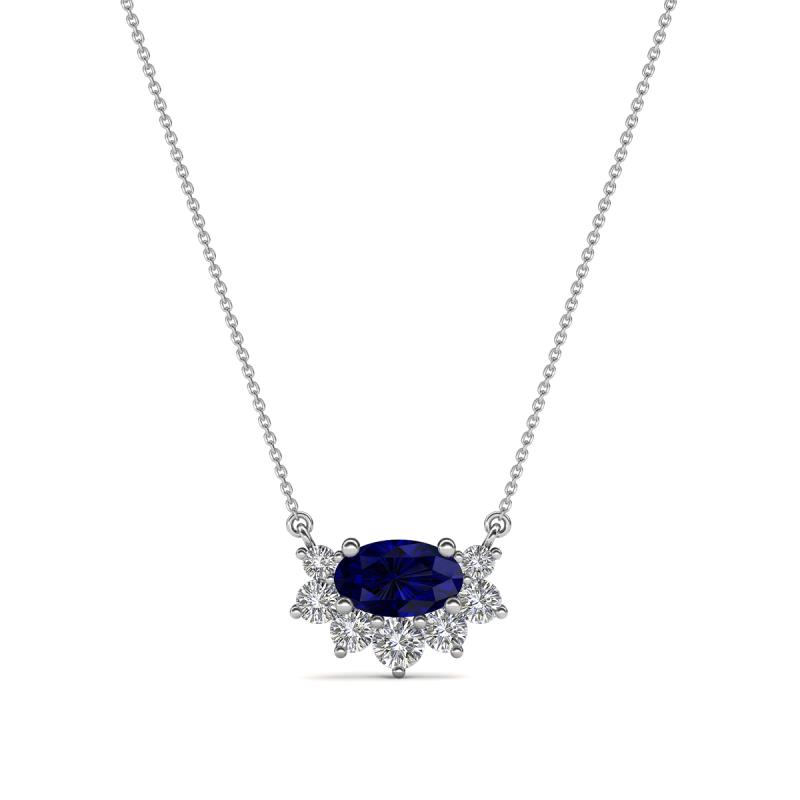 Bellezza 5x3 mm Oval Shape Blue Sapphire and Round Diamond Half Halo Pendant Necklace 