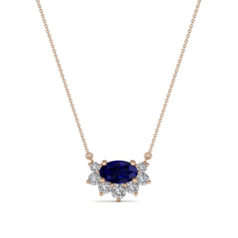 Bellezza 5x3 mm Oval Shape Blue Sapphire and Round Diamond Half Halo Pendant Necklace 