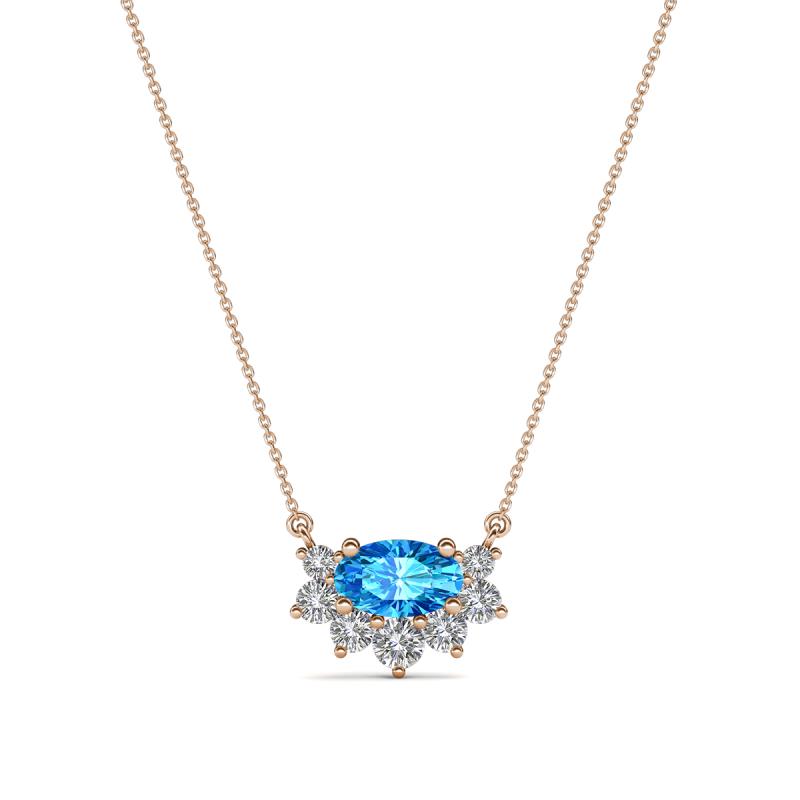 Bellezza 5x3 mm Oval Shape Blue Topaz and Round Diamond Half Halo Pendant Necklace 