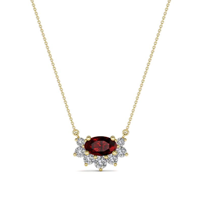 Bellezza 5x3 mm Oval Shape Red Garnet and Round Diamond Half Halo Pendant Necklace 