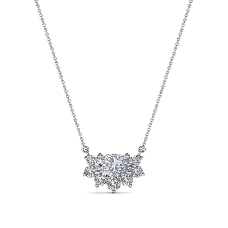 Bellezza 5x3 mm Oval Shape White Sapphire and Round Diamond Half Halo Pendant Necklace 