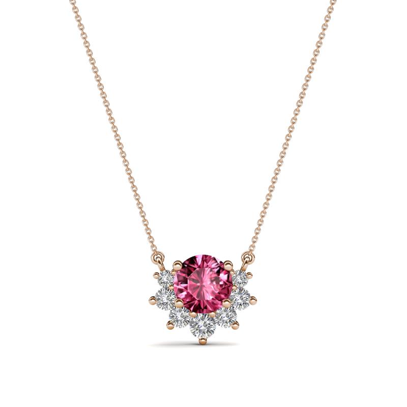 Bellezza 4.50 mm Round Pink Tourmaline and Diamond Half Halo Pendant Necklace 