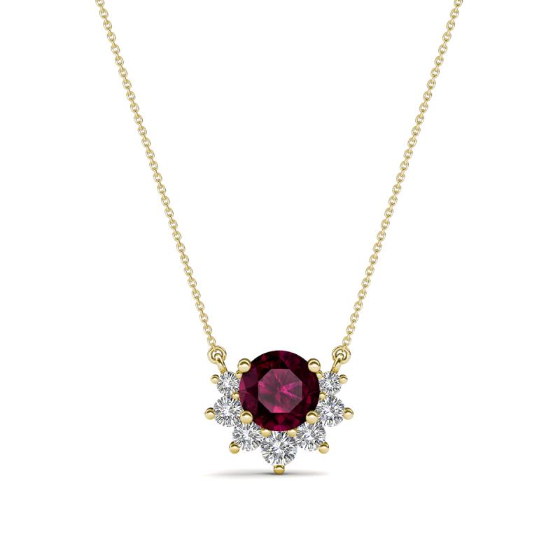 Bellezza 4.50 mm Round Rhodolite Garnet and Diamond Half Halo Pendant Necklace 