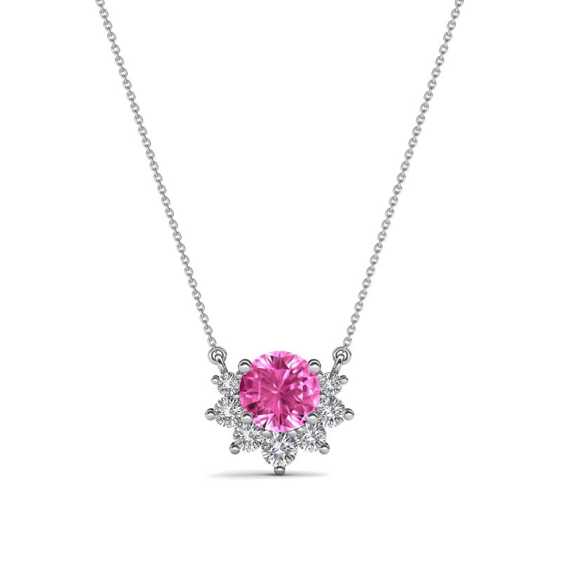 Bellezza 4.50 mm Round Pink Sapphire and Diamond Half Halo Pendant Necklace 