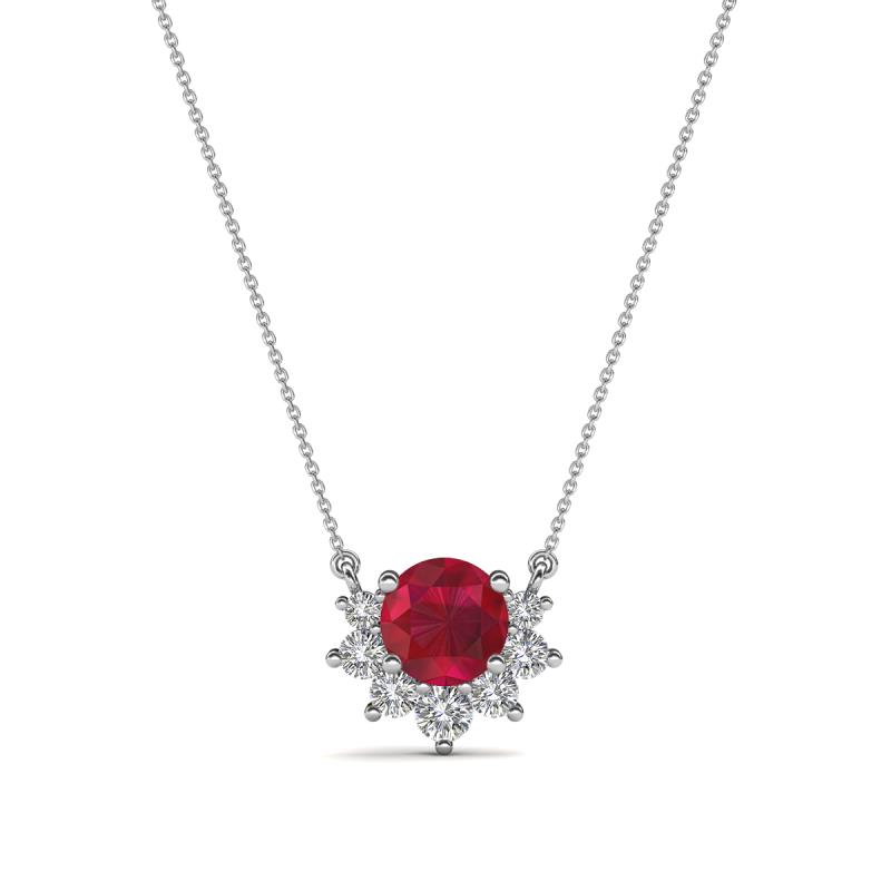 Bellezza 4.50 mm Round Ruby and Diamond Half Halo Pendant Necklace 