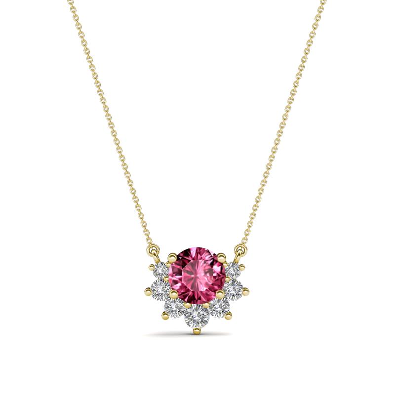 Bellezza 4.50 mm Round Pink Tourmaline and Diamond Half Halo Pendant Necklace 