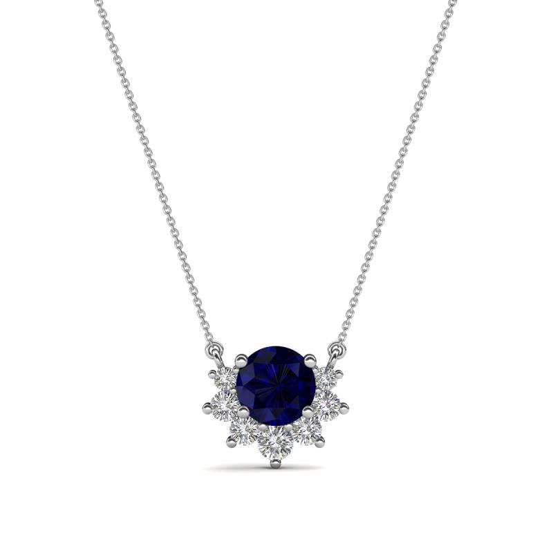 Bellezza 4.50 mm Round Blue Sapphire and Diamond Half Halo Pendant Necklace 