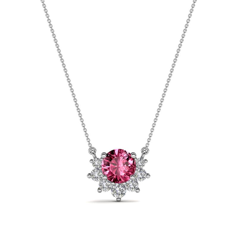 Bellezza 4.50 mm Round Pink Tourmaline and Diamond Half Halo Pendant Necklace 