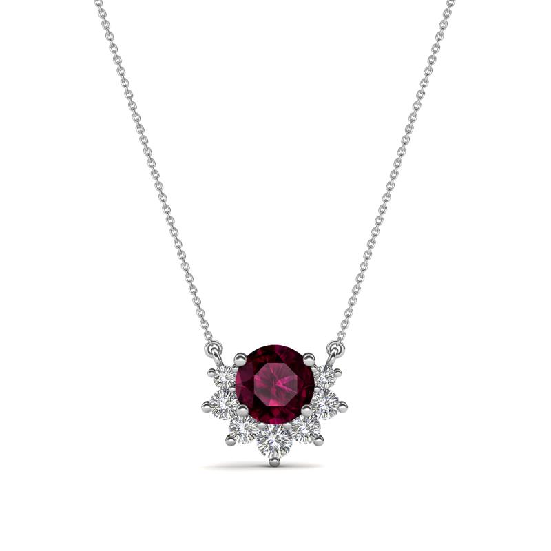 Bellezza 4.50 mm Round Rhodolite Garnet and Diamond Half Halo Pendant Necklace 