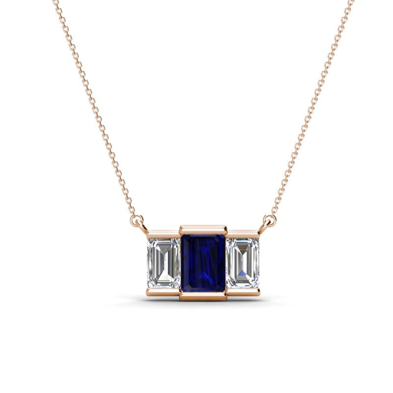 Veronica 6x4 mm Emerald Shape Blue Sapphire and Diamond Three Stone Pendant Necklace 