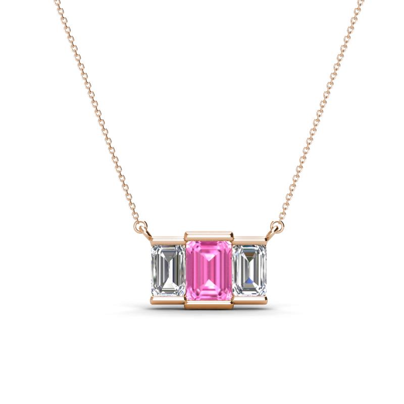 Veronica 6x4 mm Emerald Shape Pink Sapphire and Diamond Three Stone Pendant Necklace 