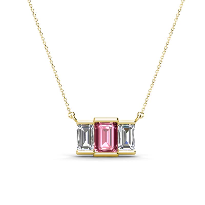 Veronica 6x4 mm Emerald Shape Pink Tourmaline and Diamond Three Stone Pendant Necklace 